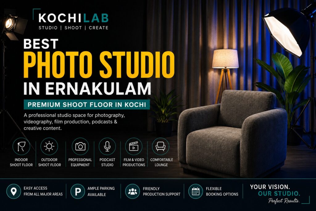 Premium podcast studio setup at KochiLab – Best Photo Studio in Ernakulam